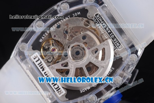 Richard Mille RM 011 Felipe Massa Flyback Chronograph Swiss Valjoux 7750 Automatic Sapphire Crystal Case with Skeleton Dial Blue Inner Bezel and Aerospace Nano Translucent Strap - Click Image to Close